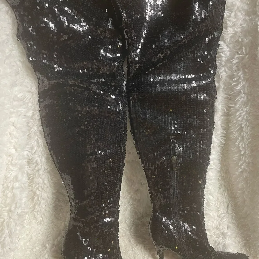 Yoki thigh high Black Sequins heels Boots side zipper SZ8